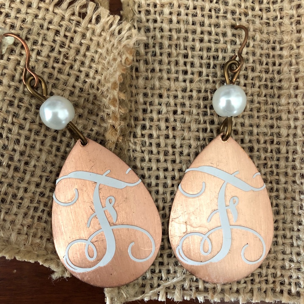 Copper dangle earrings F initial